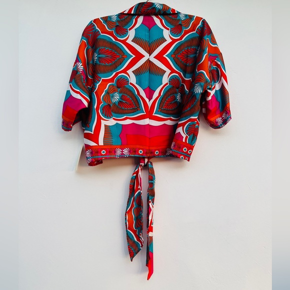 NWT Peach V-Neck Tie Top Retro floral art deco print - Picture 3 of 11